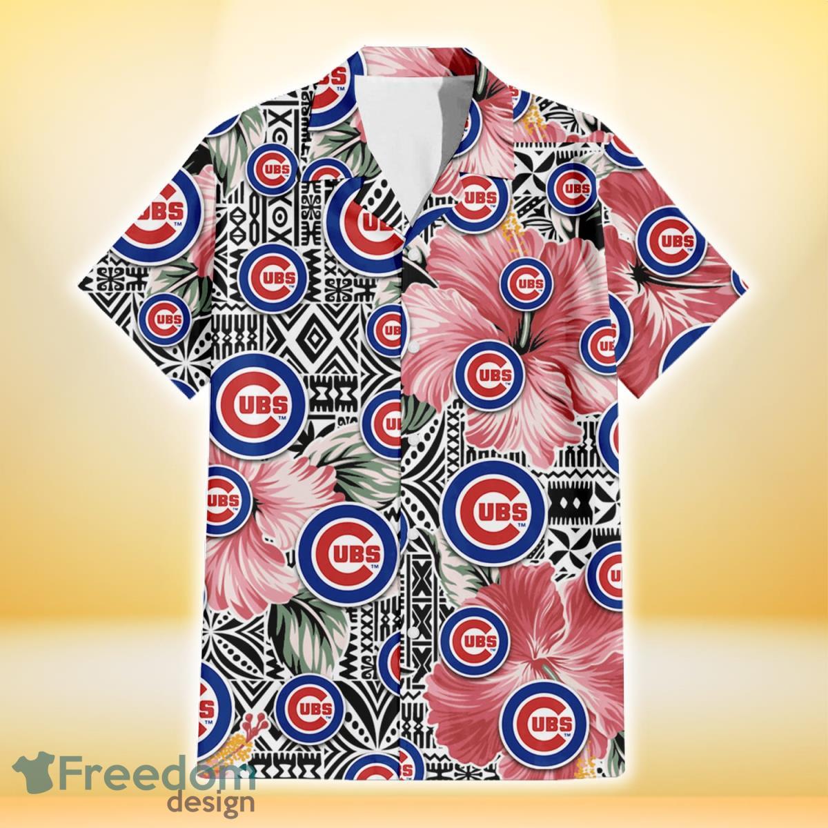 Chicago Cubs Pink Hibiscus Green Leaf Beige Background 3D Hawaiian Shirt  Gift For Fans - Freedomdesign