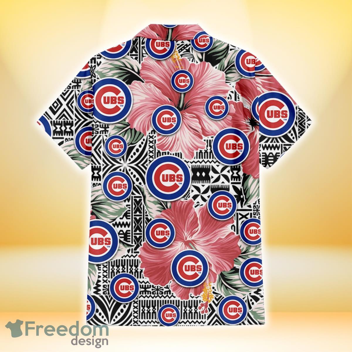 Chicago Cubs Pink Hibiscus Green Leaf Beige Background 3D Hawaiian Shirt  Gift For Fans - Freedomdesign