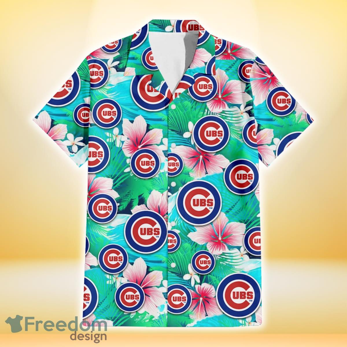 Chicago Cubs Pink Hibiscus Green Leaf Blue Background 3D Hawaiian Shirt Gift For Fans Product Photo 2