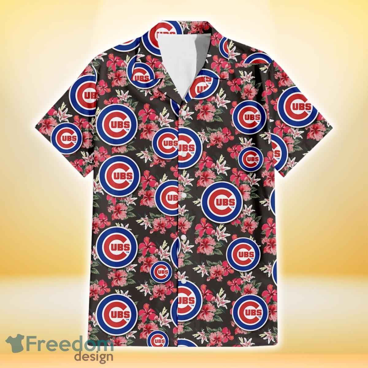 Chicago Cubs Pink Hibiscus Orchid Brown Background 3D Hawaiian Shirt Gift For Fans Product Photo 2