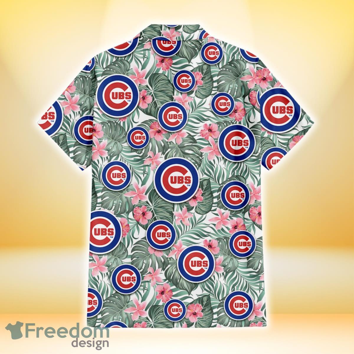 Chicago Cubs Pink Hibiscus Green Leaf Beige Background 3D Hawaiian Shirt  Gift For Fans - Freedomdesign