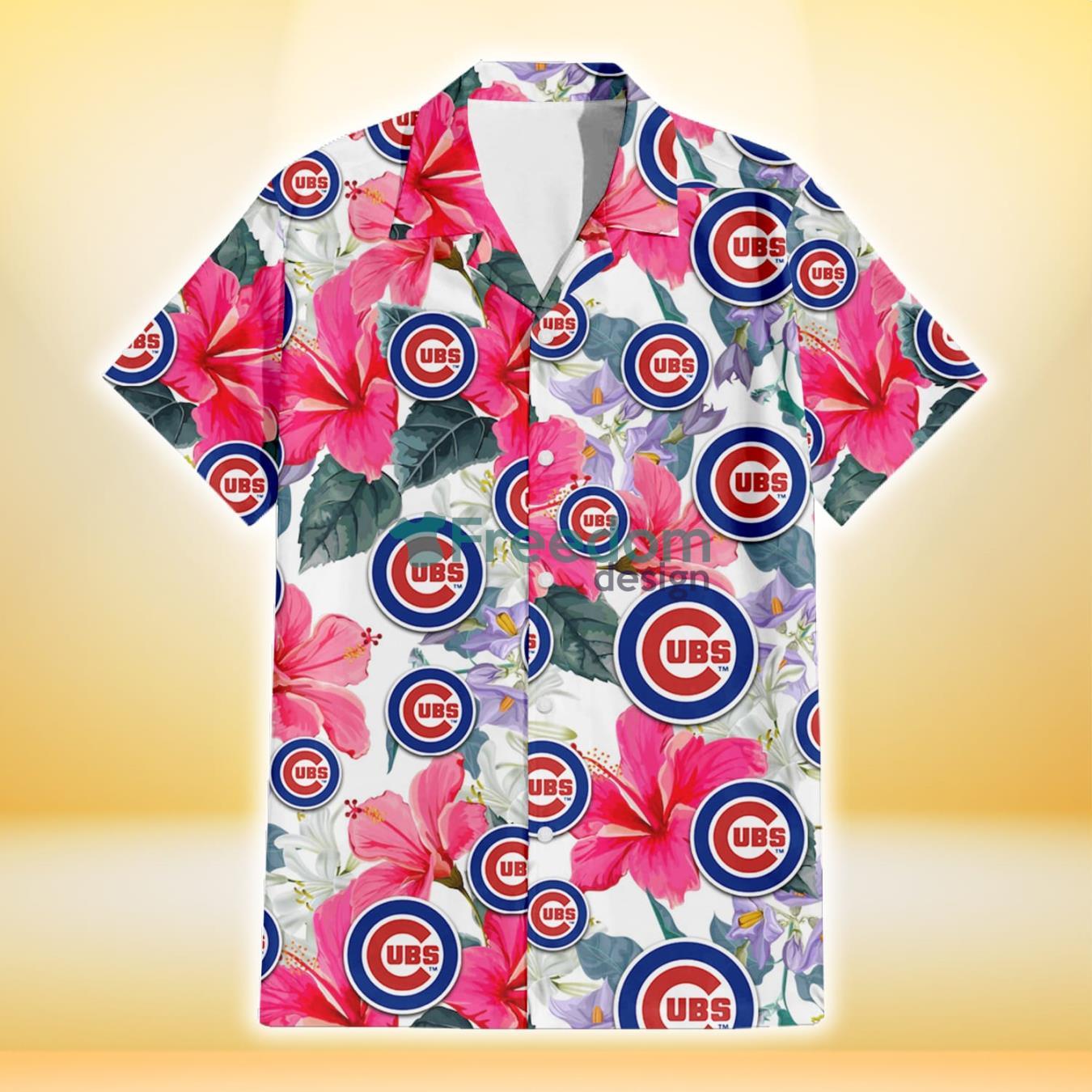 Chicago Cubs Pink Hibiscus White Orchid White Background 3D Hawaiian Shirt Gift For Fans Product Photo 2