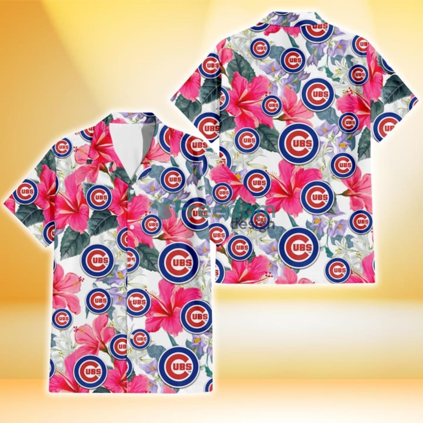 Chicago Cubs Pink Hibiscus White Orchid White Background 3D Hawaiian Shirt Gift For Fans Product Photo 1