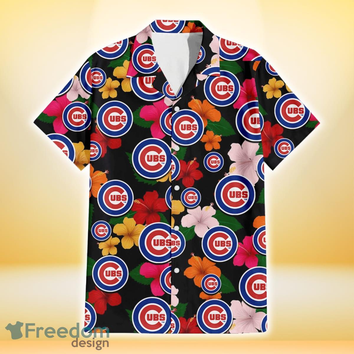 Chicago Cubs Pink Orange Yellow White Hibiscus Black Background 3D Hawaiian Shirt Gift For Fans Product Photo 2