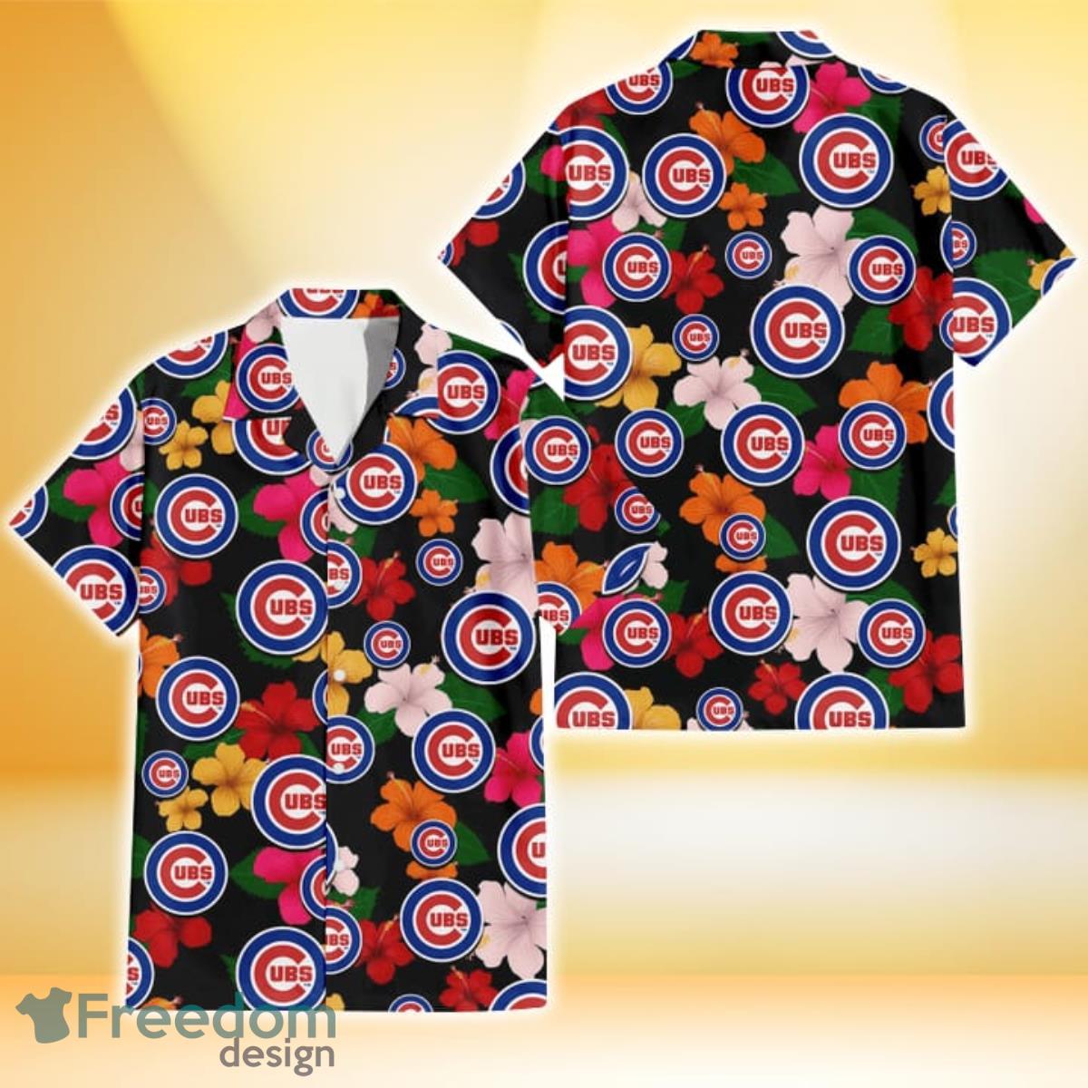 Chicago Cubs Pink Orange Yellow White Hibiscus Black Background 3D Hawaiian Shirt Gift For Fans Product Photo 1