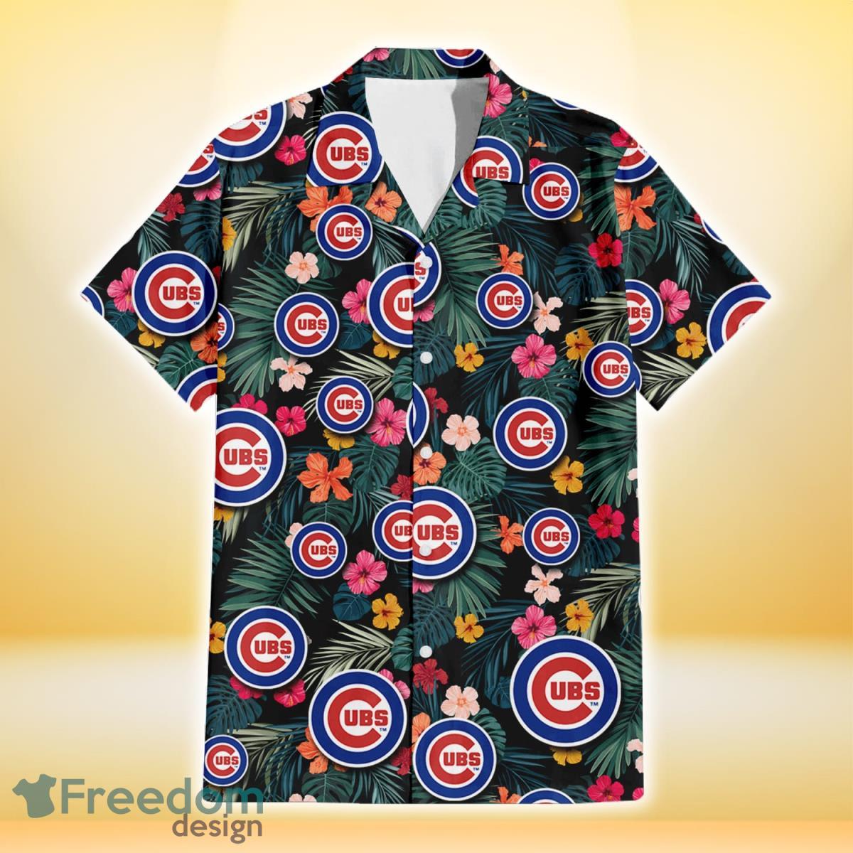 Chicago Cubs Pink Yellow Orange Hibiscus Big Tropical Leaf Black Background 3D Hawaiian Shirt Gift For Fans Product Photo 2