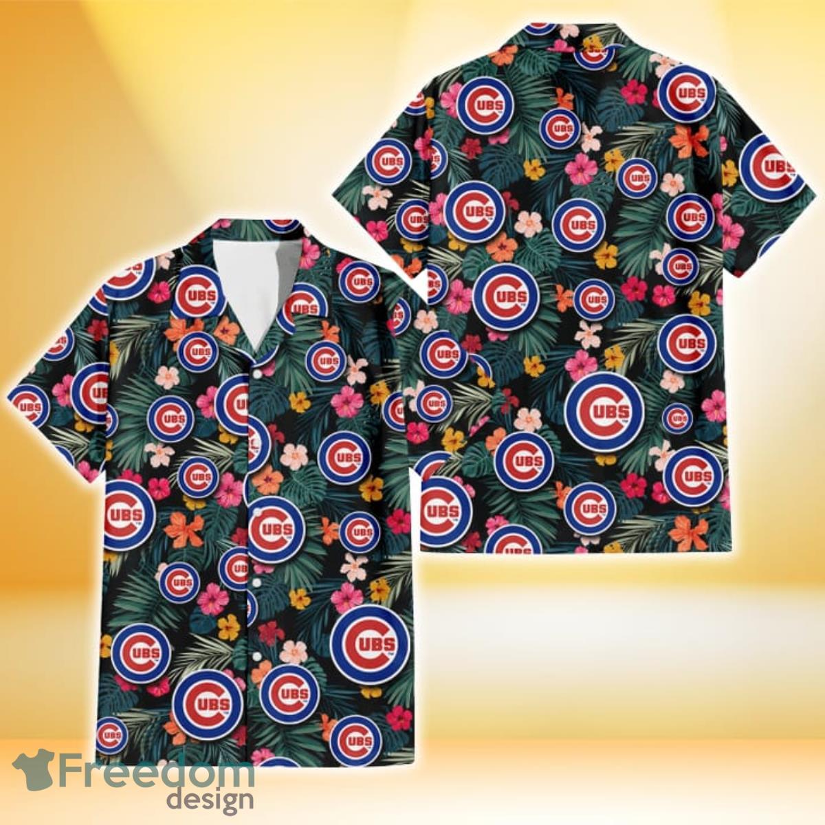 Chicago Cubs Pink Yellow Orange Hibiscus Big Tropical Leaf Black Background 3D Hawaiian Shirt Gift For Fans Product Photo 1