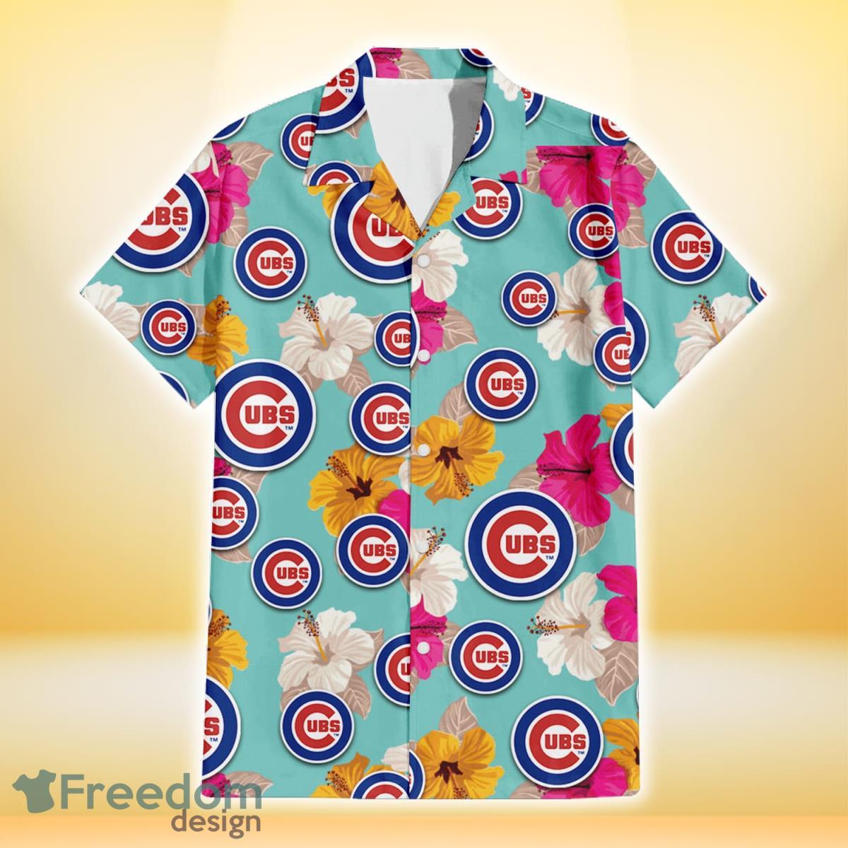 Chicago Cubs Pink Yellow White Hibiscus Turquoise Background 3D Hawaiian Shirt Gift For Fans Product Photo 2