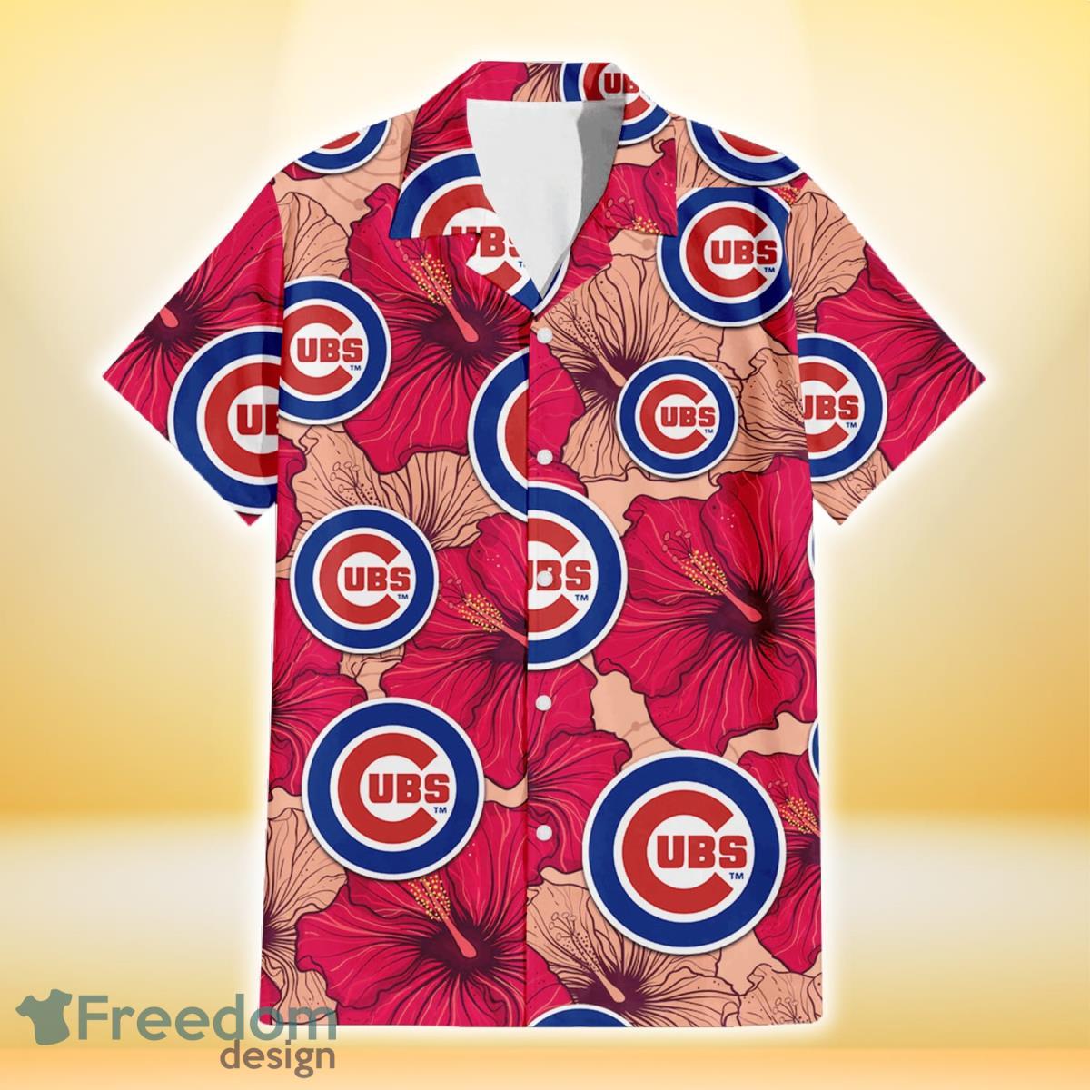 Chicago Cubs Red Beige Hibiscus Beige Background 3D Hawaiian Shirt Gift For Fans Product Photo 2