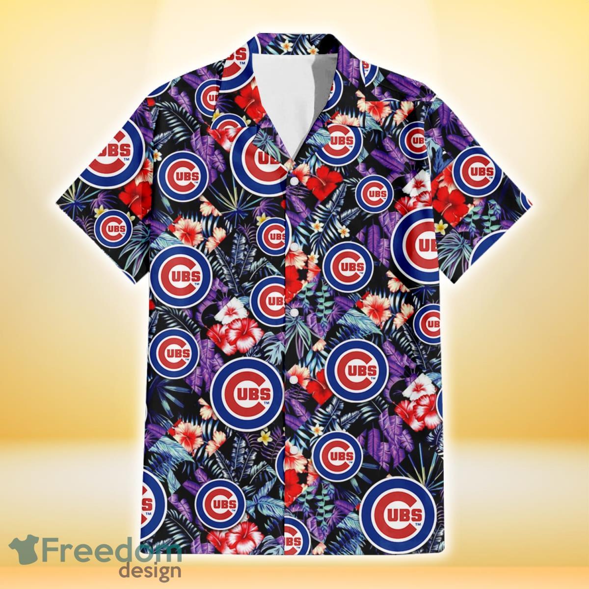 Chicago Cubs Red Hibiscus Caro Black Background 3D Hawaiian Shirt Gift For Fans Product Photo 2