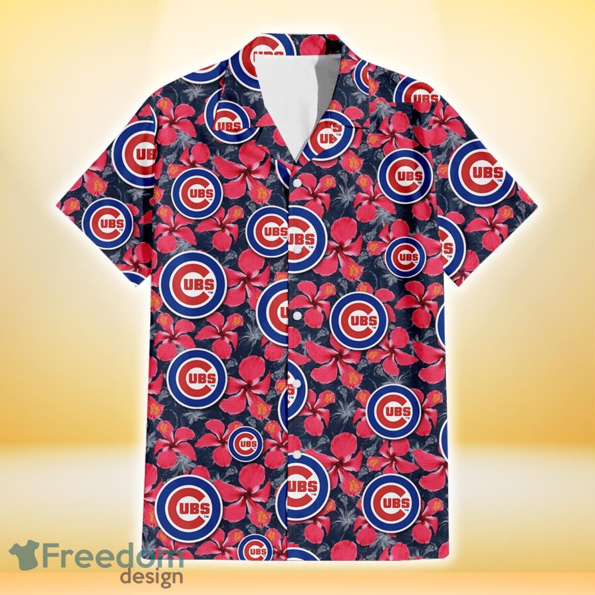 Chicago Cubs Red Hibiscus Dark Gray Background 3D Hawaiian Shirt Gift For Fans Product Photo 2