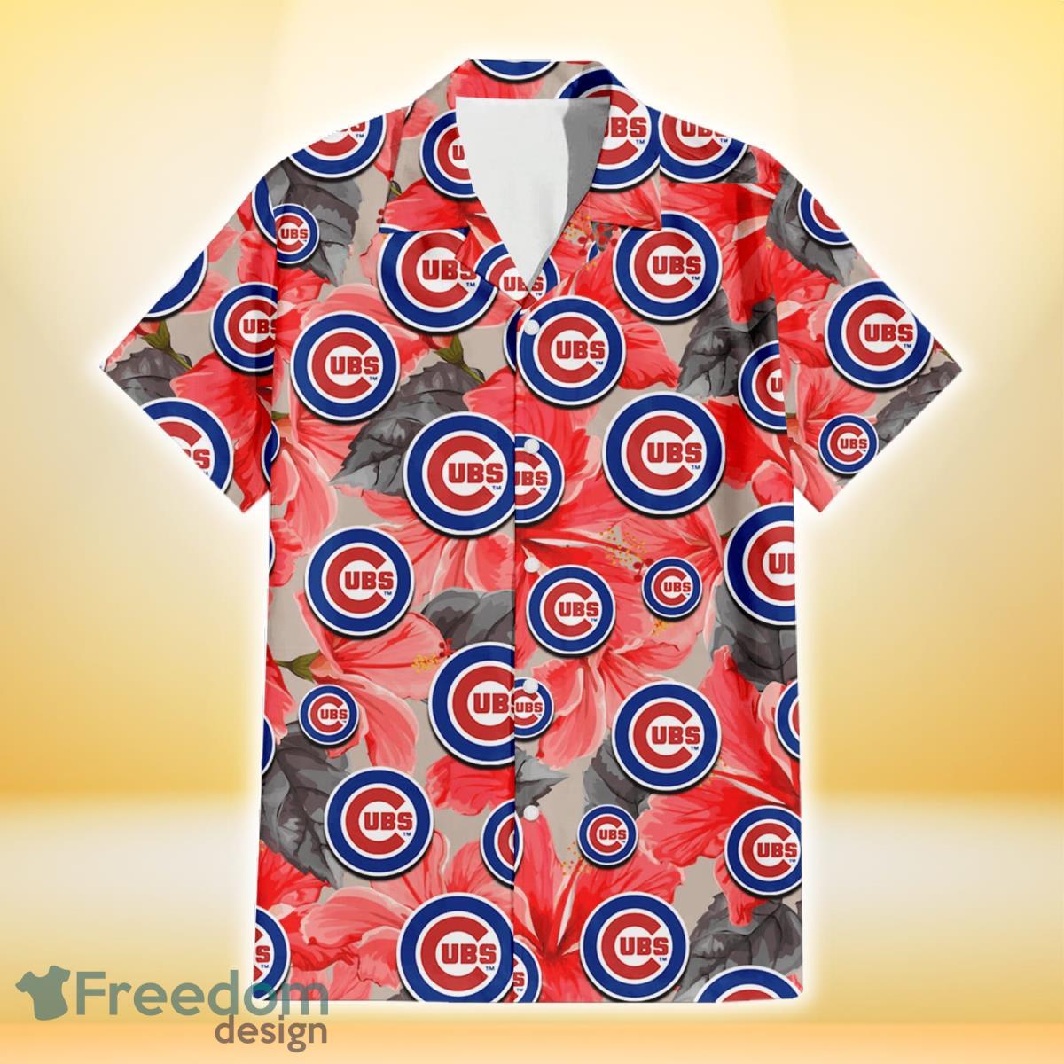 Chicago Cubs Red Hibiscus Gray Leaf Gainsboro Background 3D Hawaiian Shirt Gift For Fans Product Photo 2