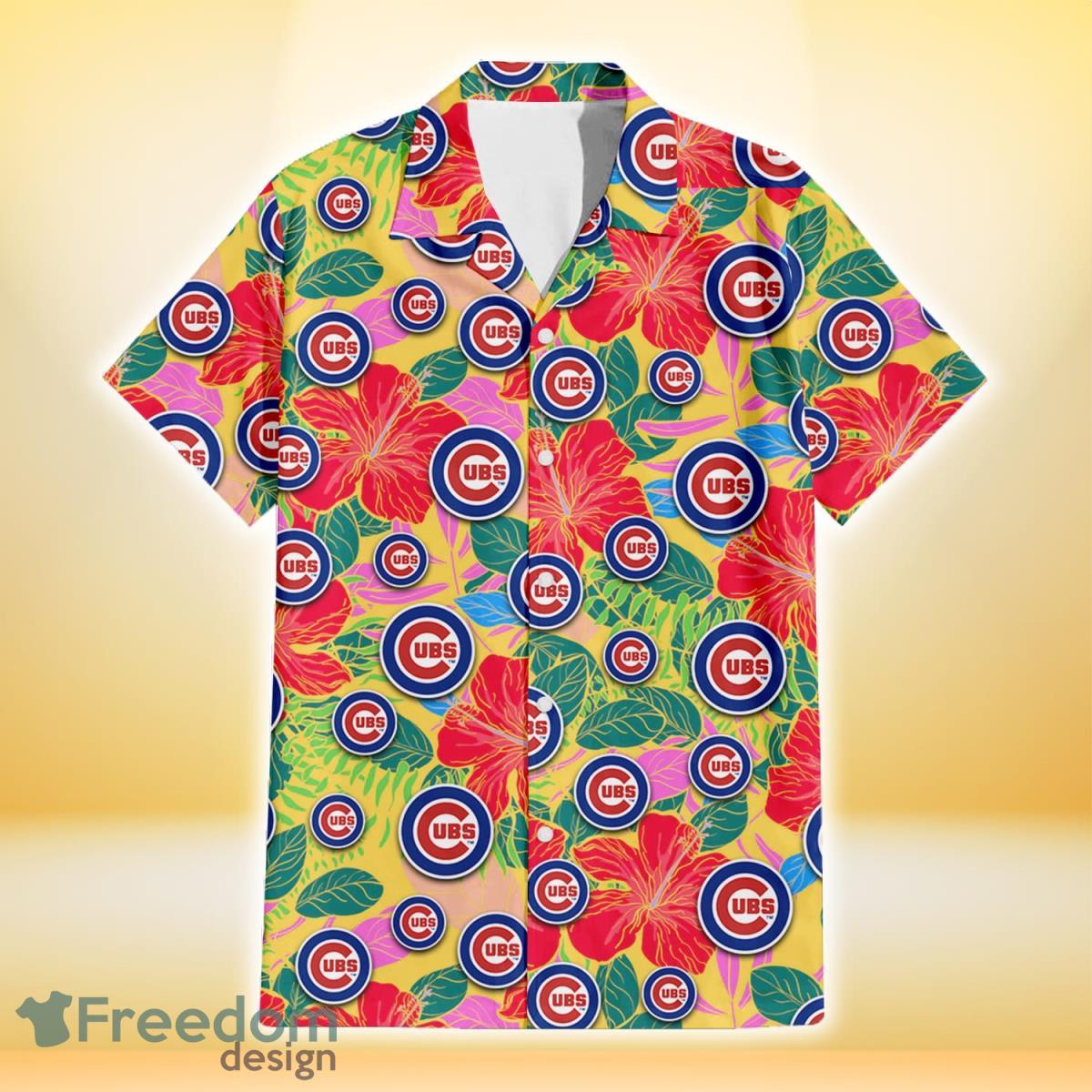 Chicago Cubs Red Hibiscus Green Blue Leaf Yellow Background 3D Hawaiian Shirt Gift For Fans Product Photo 2