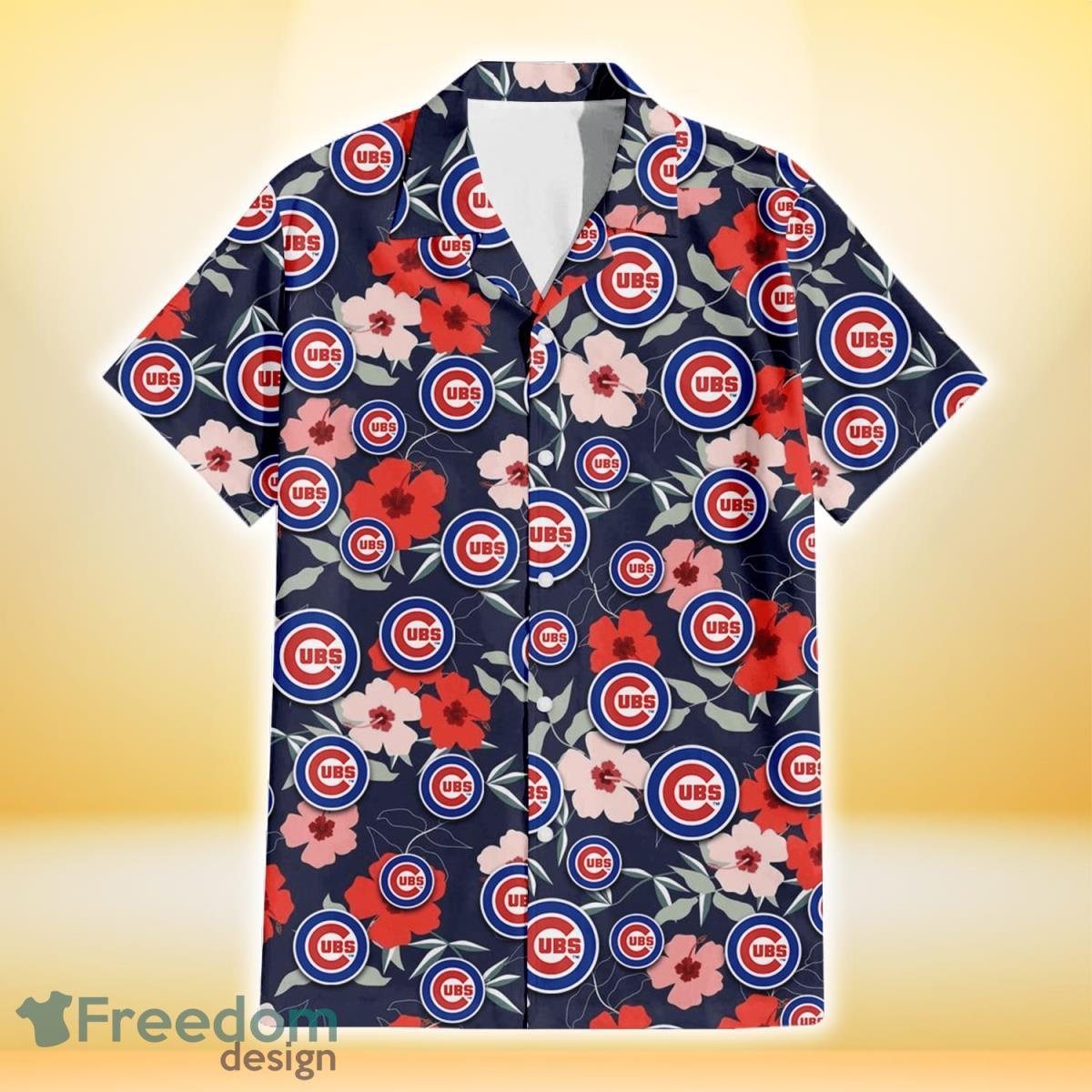 Chicago Cubs Logo And Red Pink White Hibiscus 3D Hawaiian Shirt For Fans