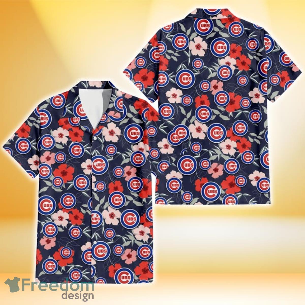 Chicago Cubs Red Pink White Hibiscus Black Background 3D Hawaiian Shirt Gift For Fans Product Photo 1