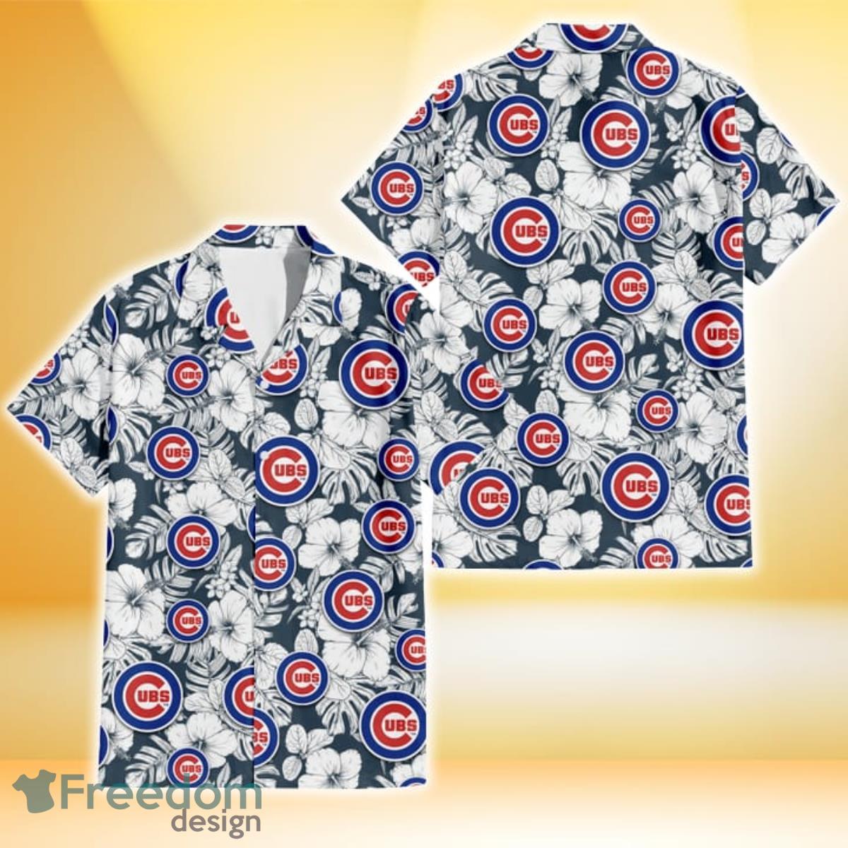 Chicago Cubs Sketch Hibiscus Leaf Dark Gray Background 3D Hawaiian Shirt Gift For Fans Product Photo 1