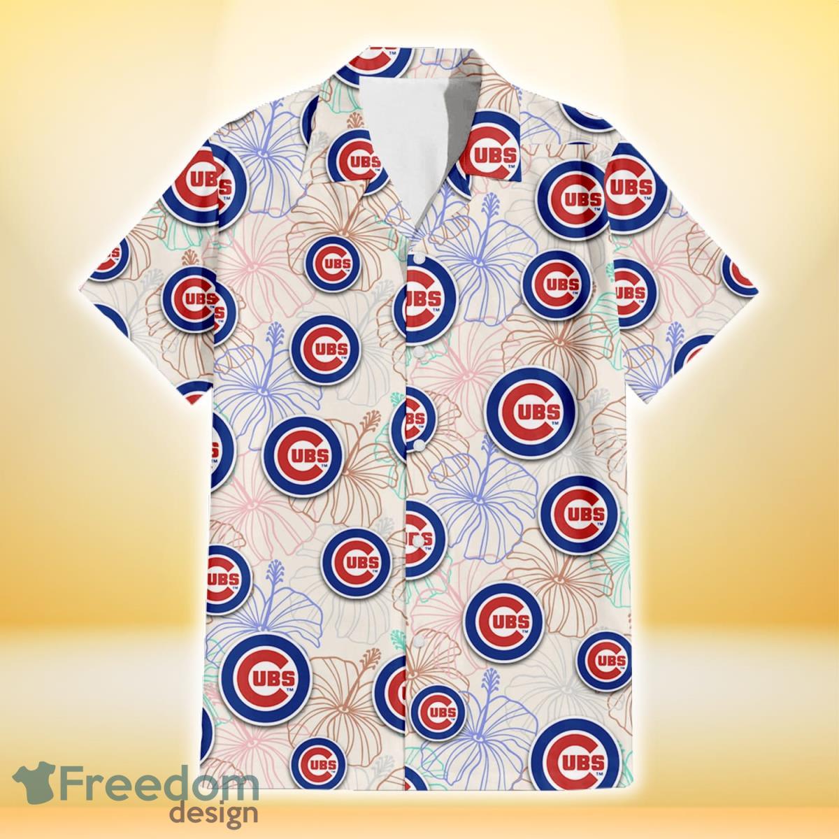 Chicago Cubs Sketch Pastel Hibiscus Beige Background 3D Hawaiian Shirt Gift For Fans Product Photo 2