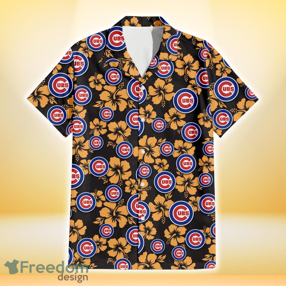 Chicago Cubs Tiny Yellow Hibiscus Black Background 3D Hawaiian Shirt Gift For Fans Product Photo 2