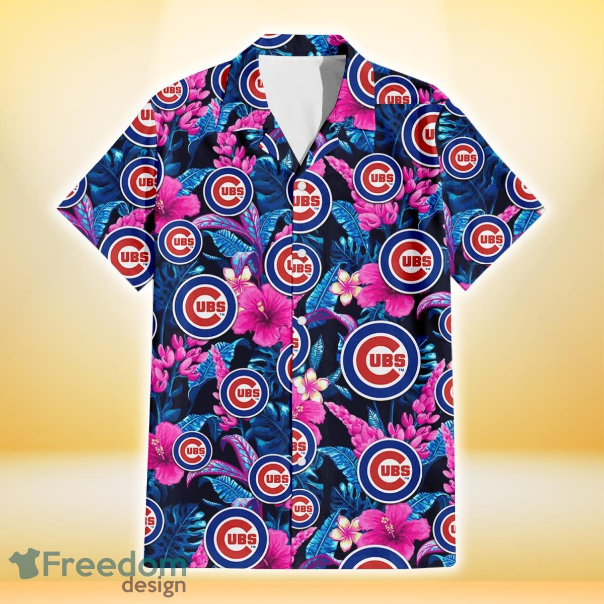 Chicago Cubs Violet Red Hibiscus Blue Leaf Black Background 3D Hawaiian Shirt Gift For Fans Product Photo 2