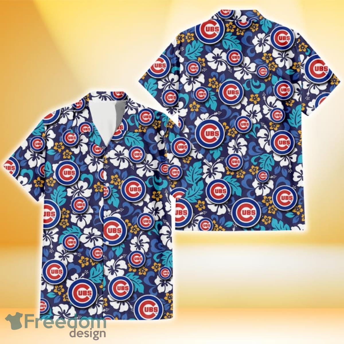 Chicago Cubs Small Hibiscus Buds Navy Background 3D Hawaiian Shirt