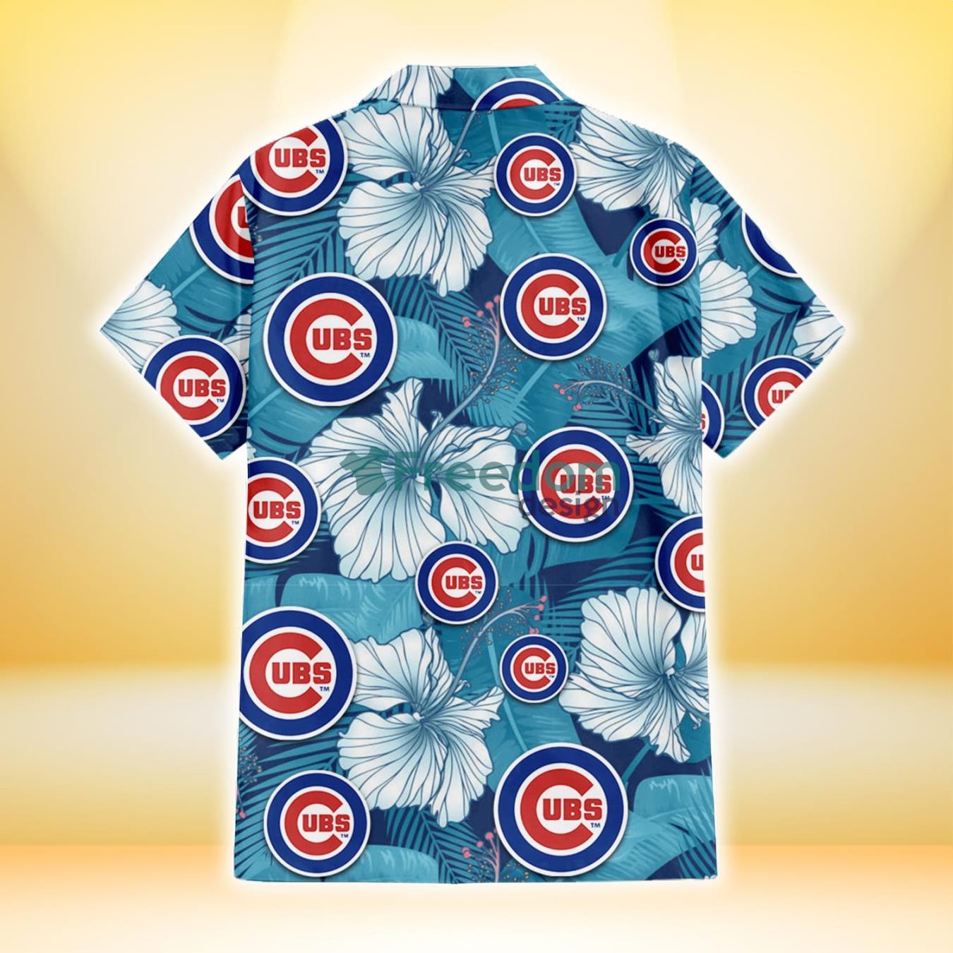 Chicago Cubs Light Blue Hibiscus Banana Leaf Navy Background 3D