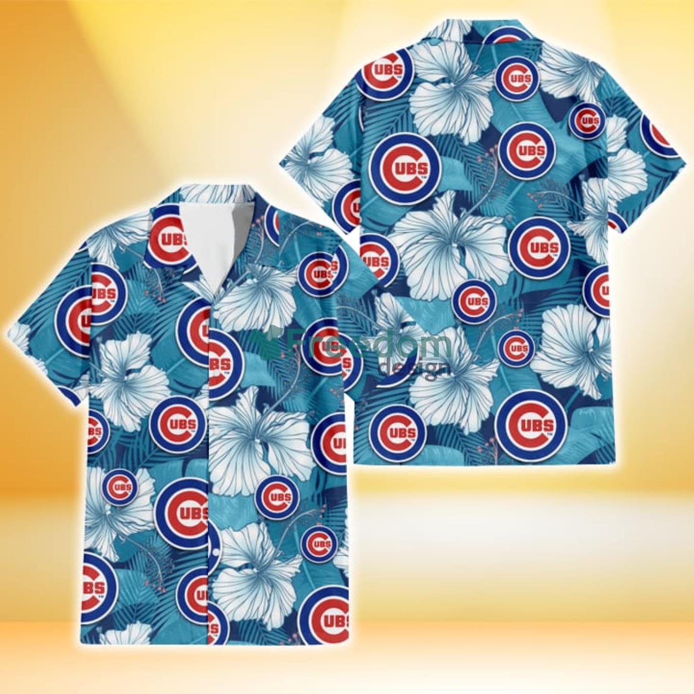 Chicago Cubs White Hibiscus Turquoise Banana Leaf Navy Background 3D Hawaiian Shirt Gift For Fans Product Photo 1