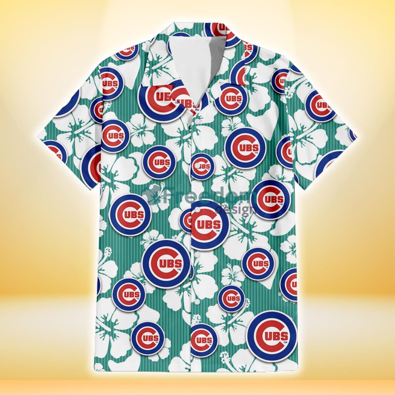 Chicago Cubs White Hibiscus Turquoise Stripe Background 3D Hawaiian Shirt Gift For Fans Product Photo 2