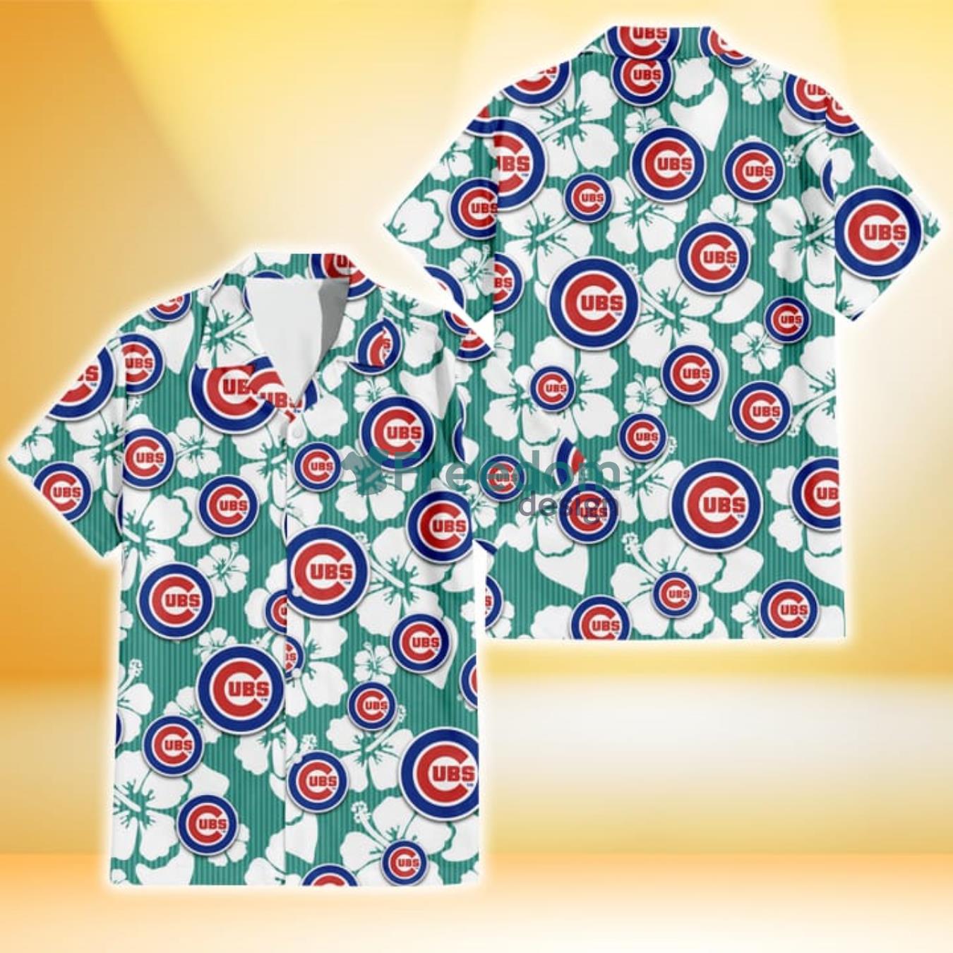 Chicago Cubs White Hibiscus Turquoise Stripe Background 3D Hawaiian Shirt Gift For Fans Product Photo 1