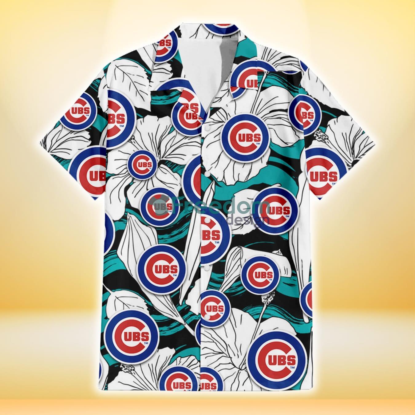 Chicago Cubs White Hibiscus Turquoise Wave Black Background 3D Hawaiian Shirt Gift For Fans Product Photo 2