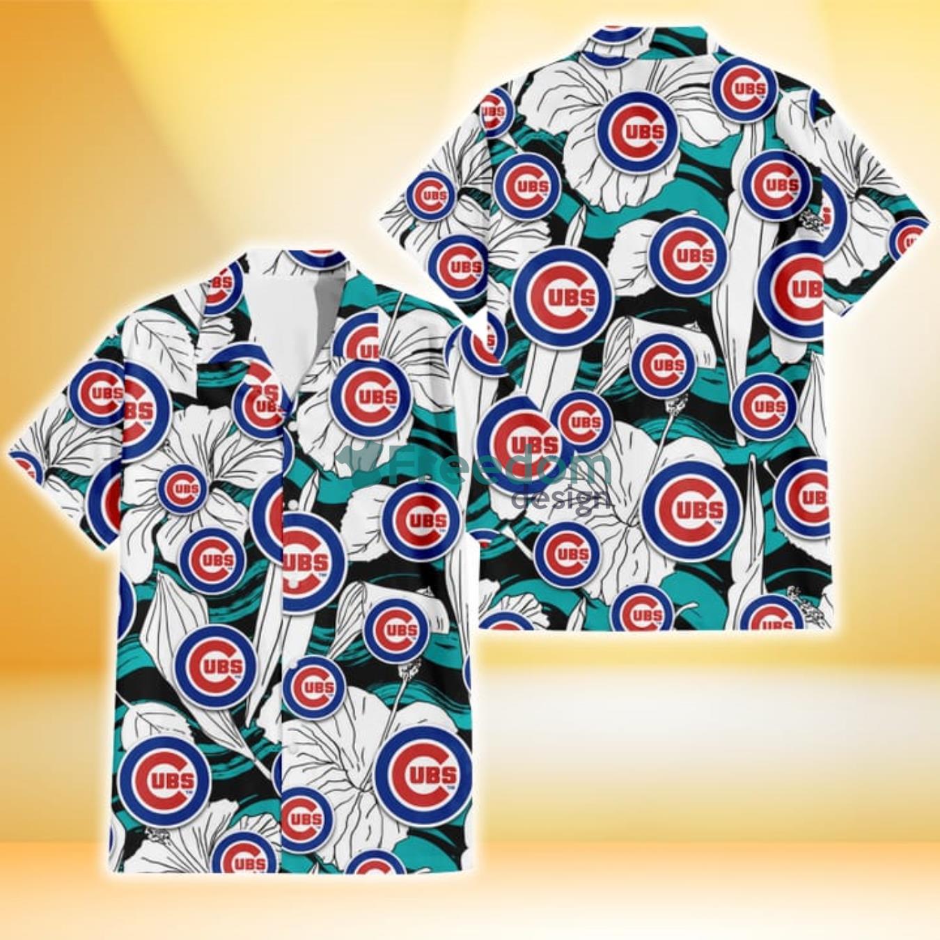 Chicago Cubs White Hibiscus Turquoise Wave Black Background 3D Hawaiian Shirt Gift For Fans Product Photo 1