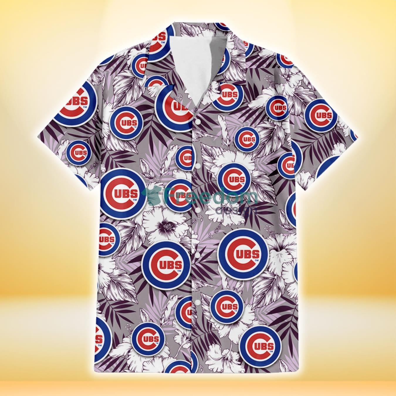 Chicago Cubs White Hibiscus Violet Leaves Light Grey Background 3D Hawaiian Shirt Gift For Fans Product Photo 2