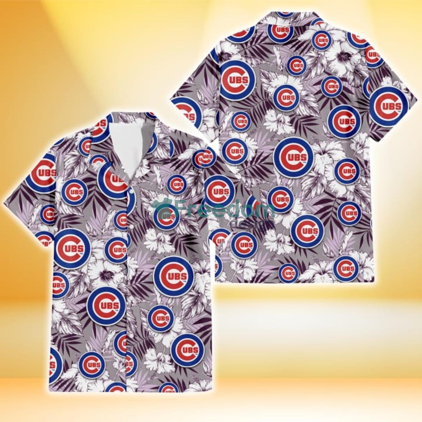 Chicago Cubs White Hibiscus Violet Leaves Light Grey Background 3D Hawaiian Shirt Gift For Fans Product Photo 1