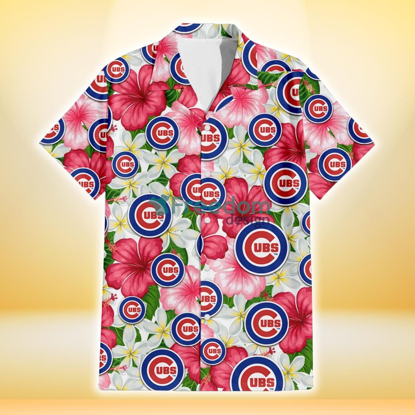 Chicago Cubs White Porcelain Flower Pink Hibiscus White Background 3D Hawaiian Shirt Gift For Fans Product Photo 2