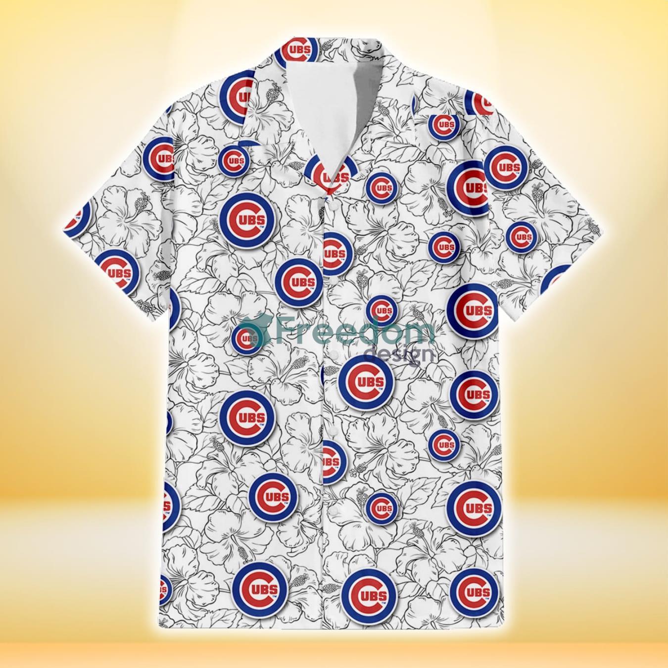 Chicago Cubs White Sketch Hibiscus Pattern White Background 3D Hawaiian Shirt Gift For Fans Product Photo 2