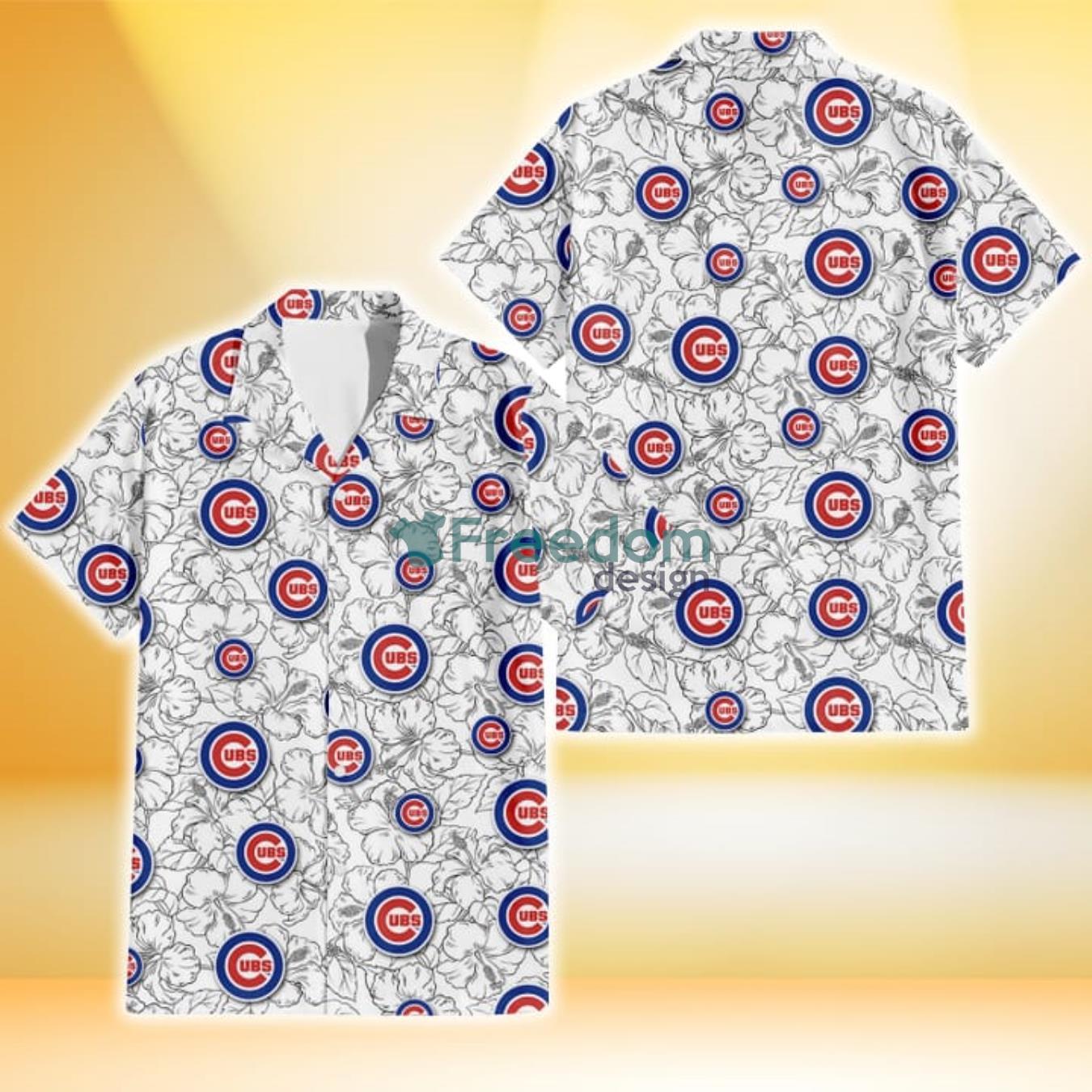 Chicago Cubs White Sketch Hibiscus Pattern White Background 3D Hawaiian Shirt Gift For Fans Product Photo 1