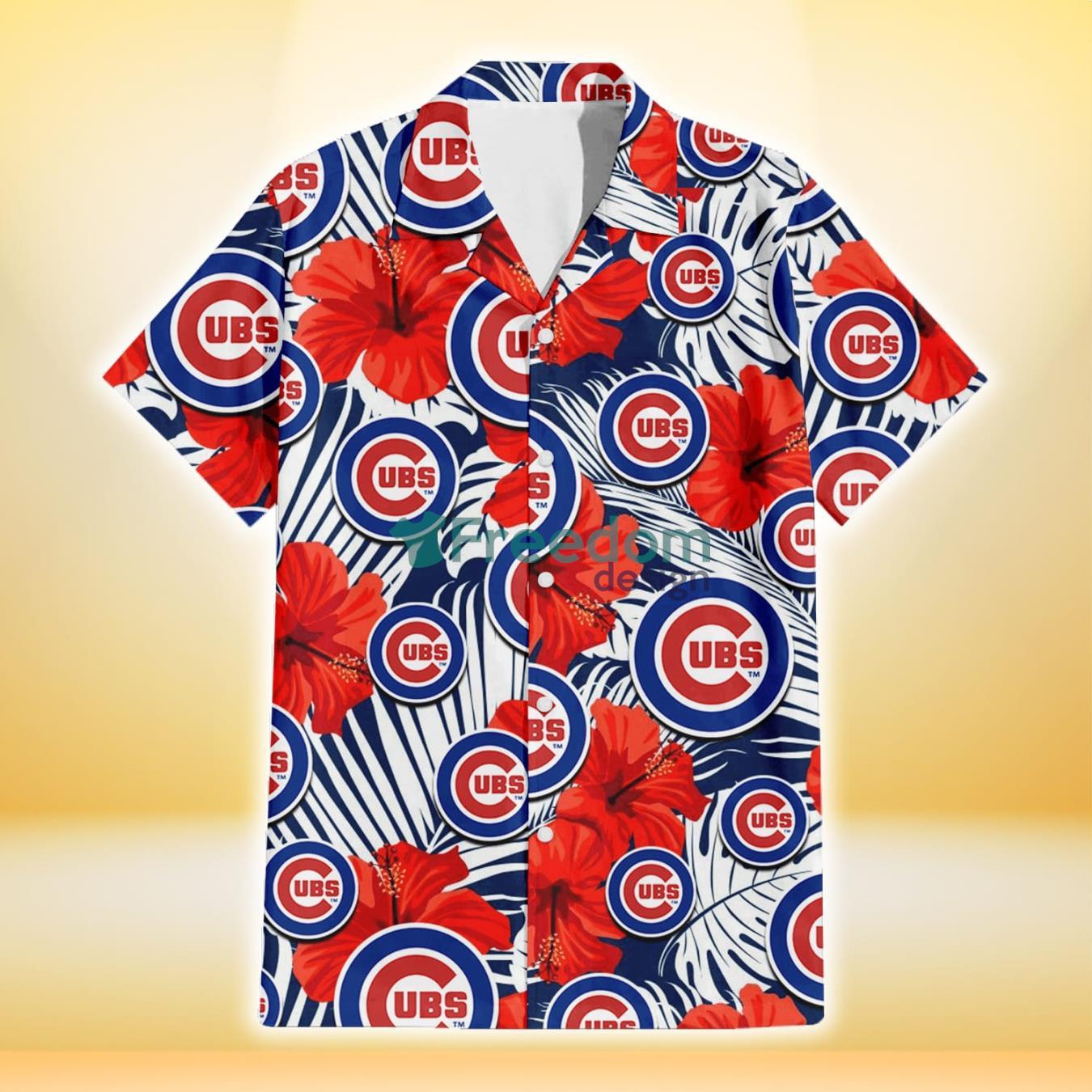 Chicago Cubs White Tropical Leaf Red Hibiscus Navy Background 3D Hawaiian Shirt Gift For Fans Product Photo 2