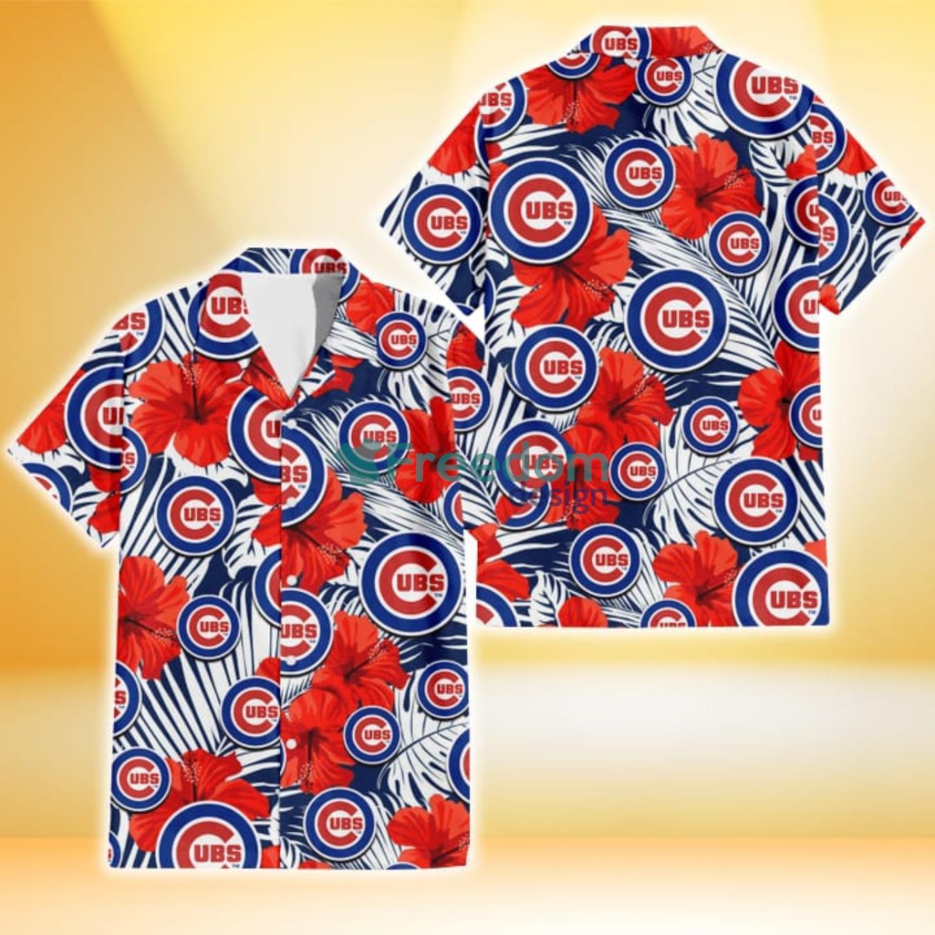 Chicago Cubs White Tropical Leaf Red Hibiscus Navy Background 3D Hawaiian Shirt Gift For Fans Product Photo 1