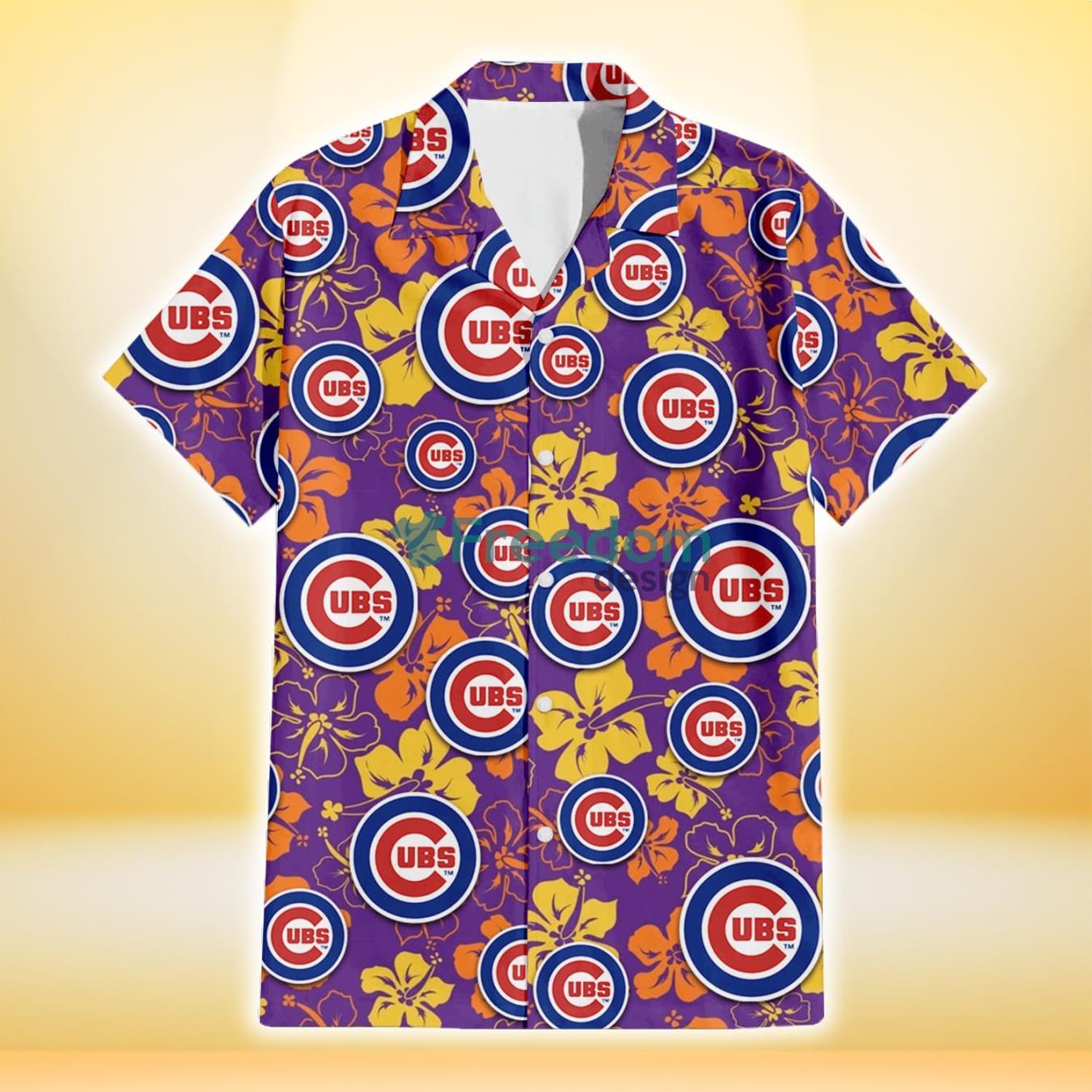 Chicago Cubs Yellow And Orange Hibiscus Purple Background 3D Hawaiian Shirt Gift For Fans Product Photo 2