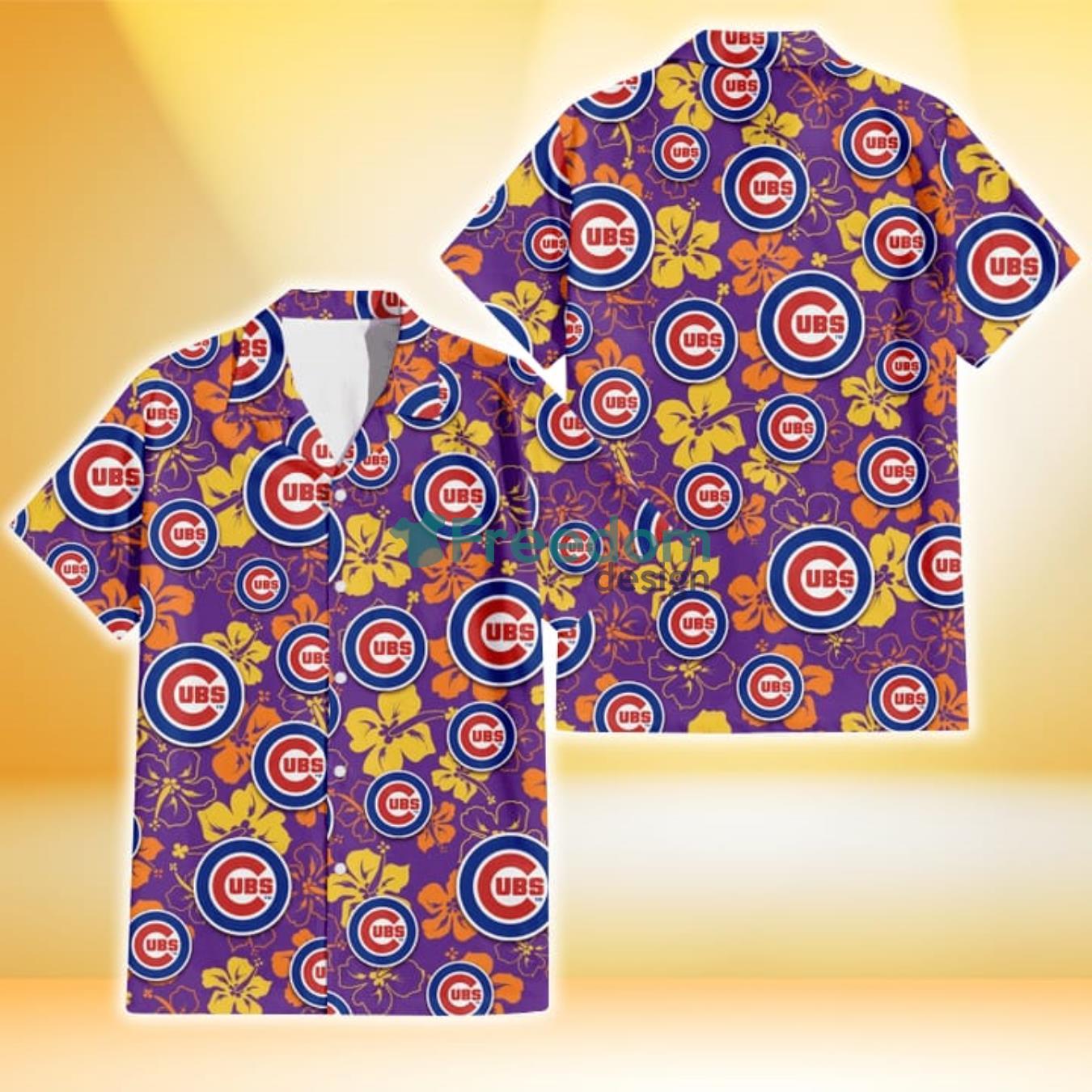 Chicago Cubs Yellow And Orange Hibiscus Purple Background 3D Hawaiian Shirt Gift For Fans Product Photo 1