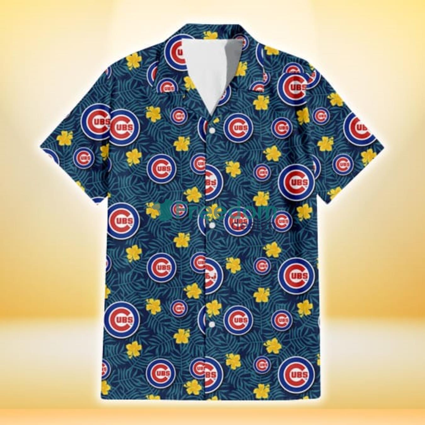 Chicago Cubs Yellow Hibiscus Cadet Blue Leaf Navy Background 3D Hawaiian Shirt Gift For Fans Product Photo 2