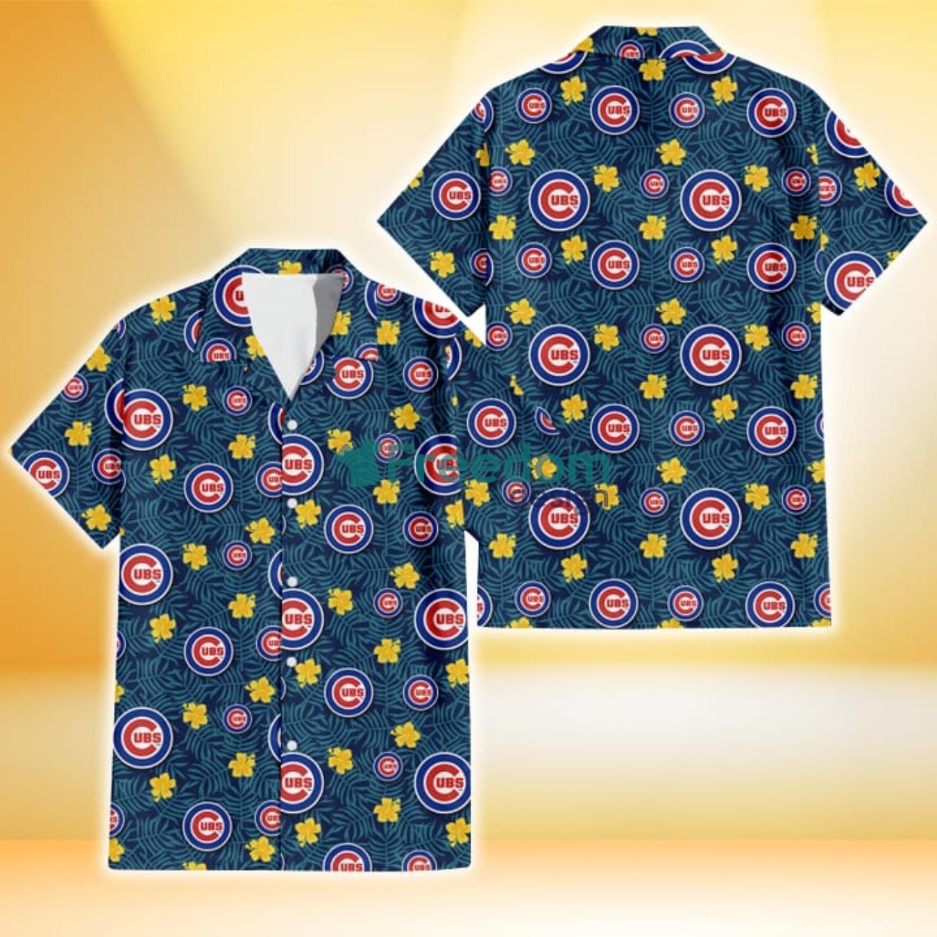 Chicago Cubs Yellow Hibiscus Cadet Blue Leaf Navy Background 3D Hawaiian Shirt Gift For Fans Product Photo 1