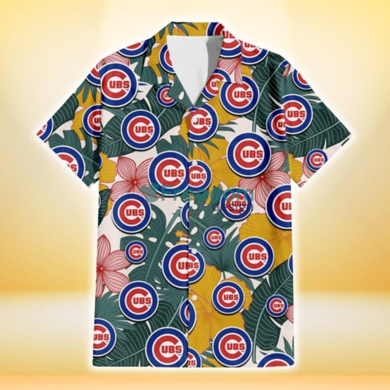 Chicago Cubs Yellow Hibiscus Green Banana Leaf Pink Porcelain Flower 3D Hawaiian Shirt Gift For Fans Product Photo 2