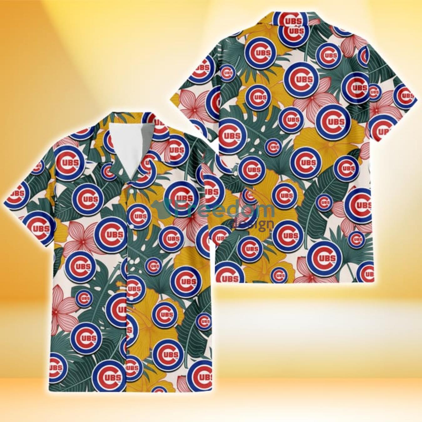 Chicago Cubs Yellow Hibiscus Green Banana Leaf Pink Porcelain Flower 3D Hawaiian Shirt Gift For Fans Product Photo 1