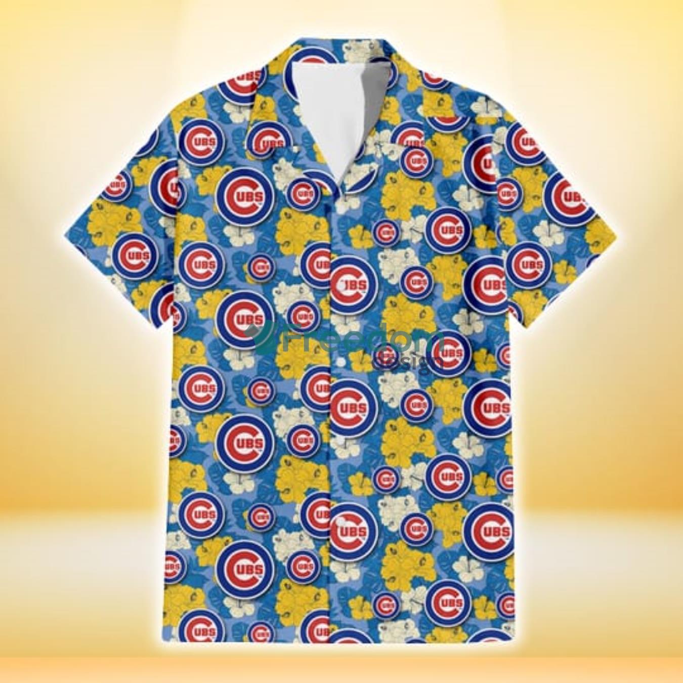 Chicago Cubs Yellow White Hibiscus Powder Blue Background 3D Hawaiian Shirt Gift For Fans Product Photo 2