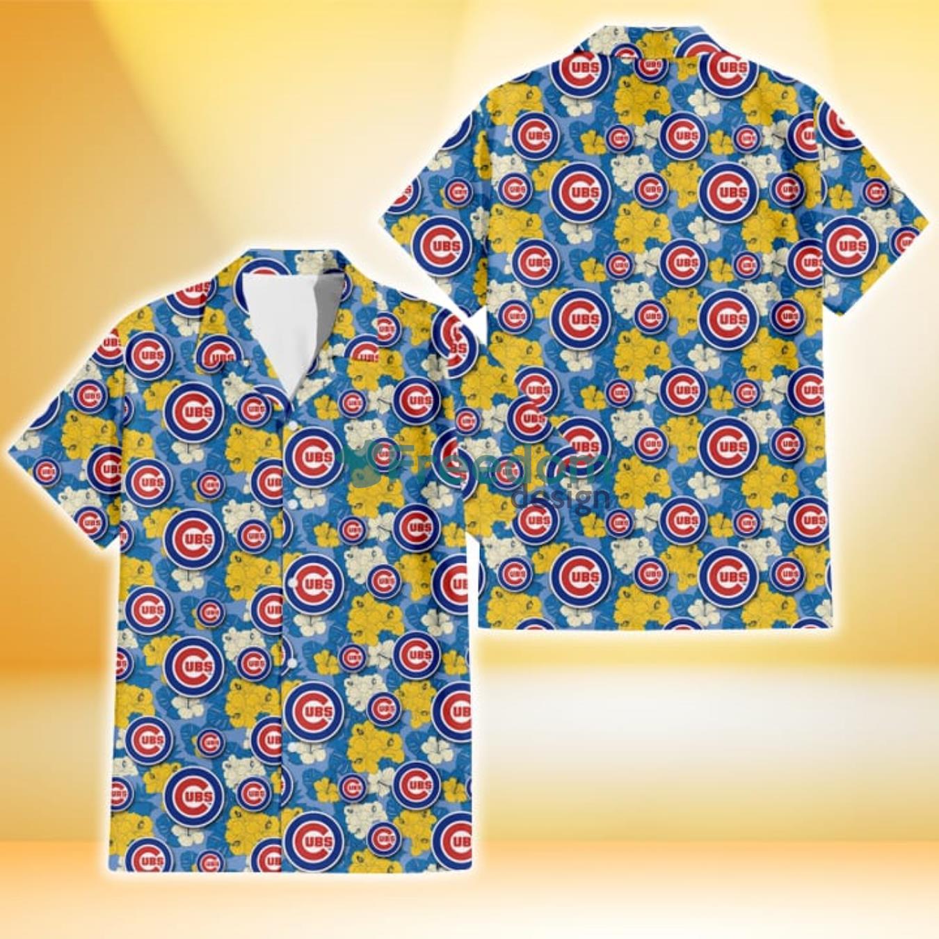 Chicago Cubs Yellow White Hibiscus Powder Blue Background 3D Hawaiian Shirt Gift For Fans Product Photo 1