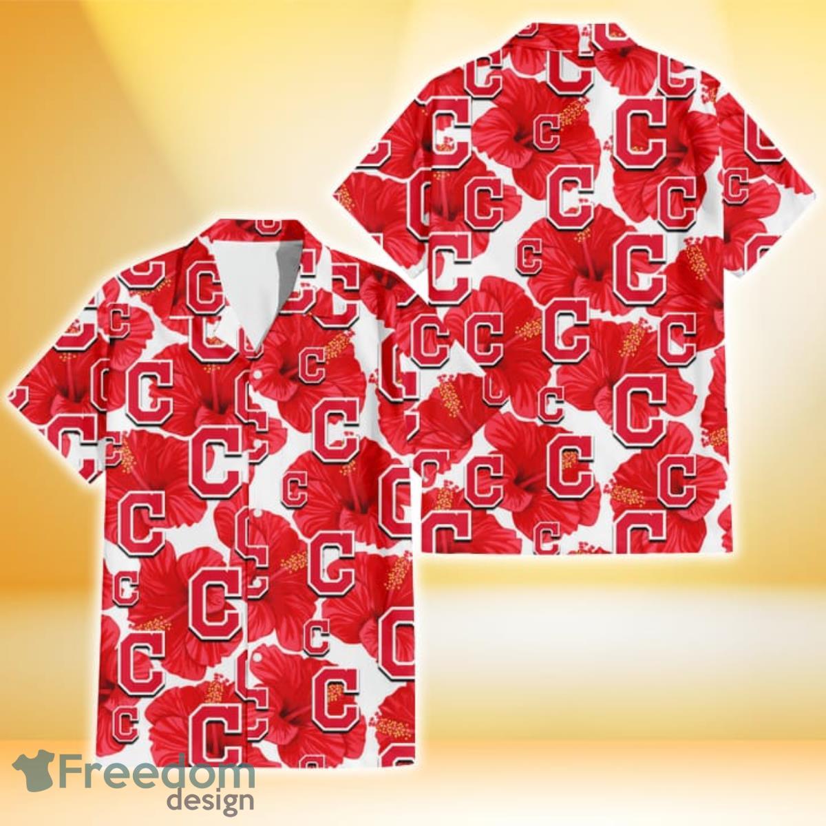 Cleveland Indians Big Red Hibiscus White Background 3D Hawaiian Shirt Gift For Fans Product Photo 1