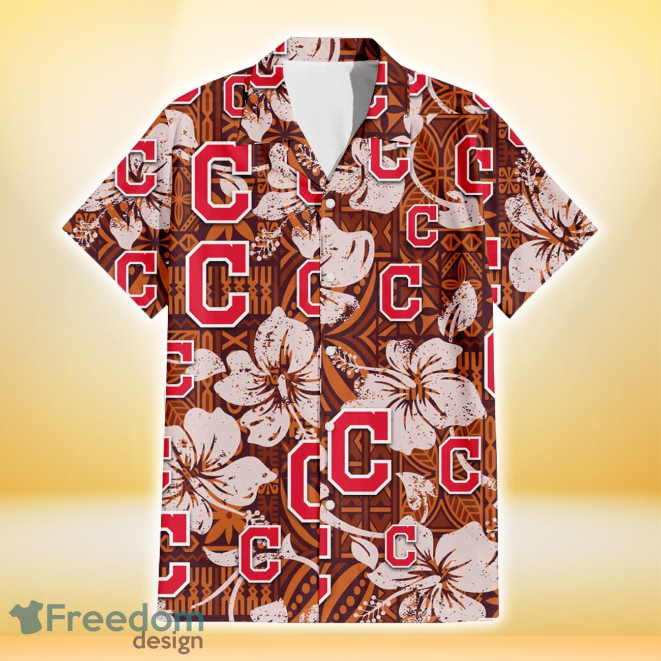 Cleveland Indians Bisque Hibiscus Brown Pattern 3D Hawaiian Shirt Gift For Fans Product Photo 2