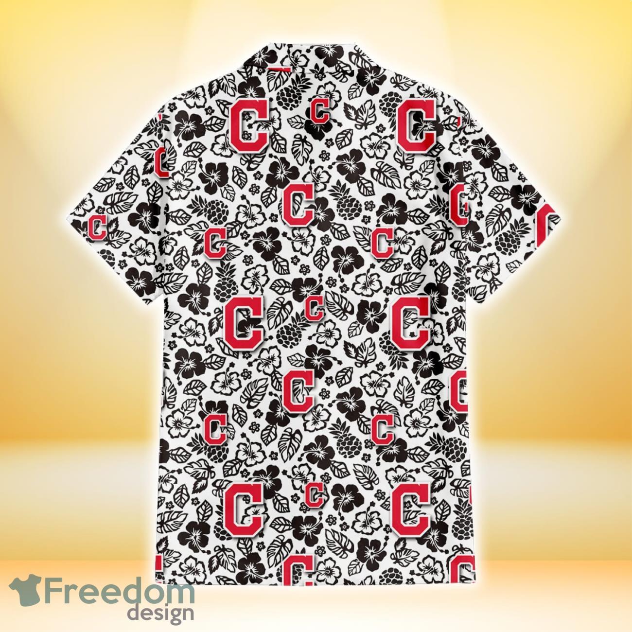 Cleveland Indians White Hibiscus Turquoise Wave Black Background 3D  Hawaiian Shirt Gift For Fans - Freedomdesign