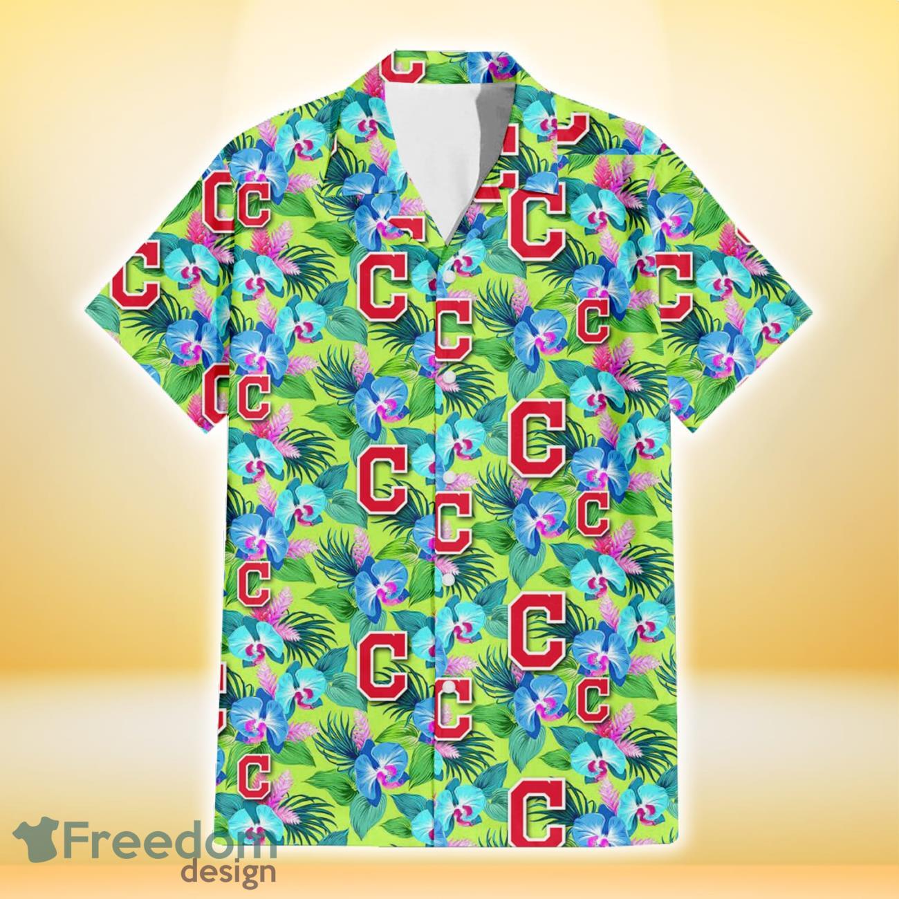 Cleveland Indians Blue Orchid Green Pink Leaf Green Background 3D Hawaiian Shirt Gift For Fans Product Photo 2