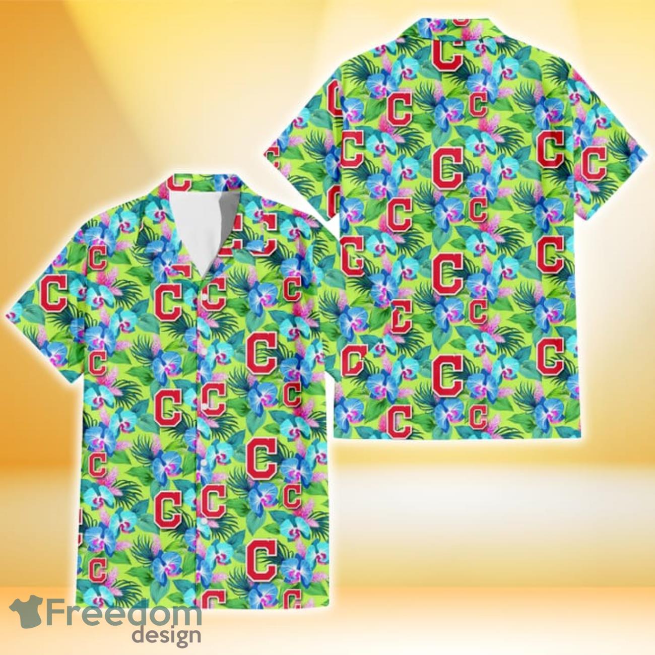 Cleveland Indians Blue Orchid Green Pink Leaf Green Background 3D Hawaiian Shirt Gift For Fans Product Photo 1